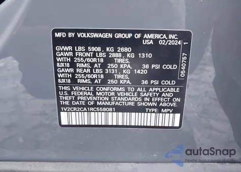 2024 Volkswagen Atlas 2.0T Peak Edition Se W/Technology z USA, uszkodzony, nr VIN 1V2CR2CA1RC558081